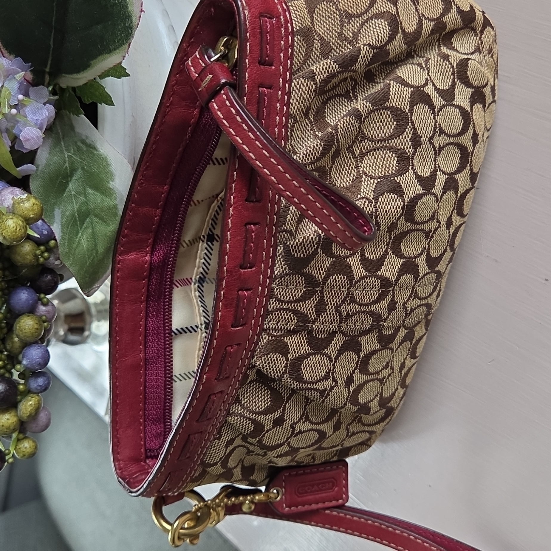 Coach Brown Monogram Tattersall With Red Whipstitch Trim Wristlet